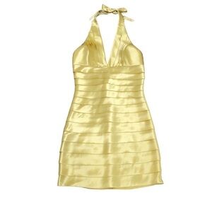 BCBGMAXAZRIA Cocktail Dress Size 0 Pastel Yellow Tiered Halter Neck Mini